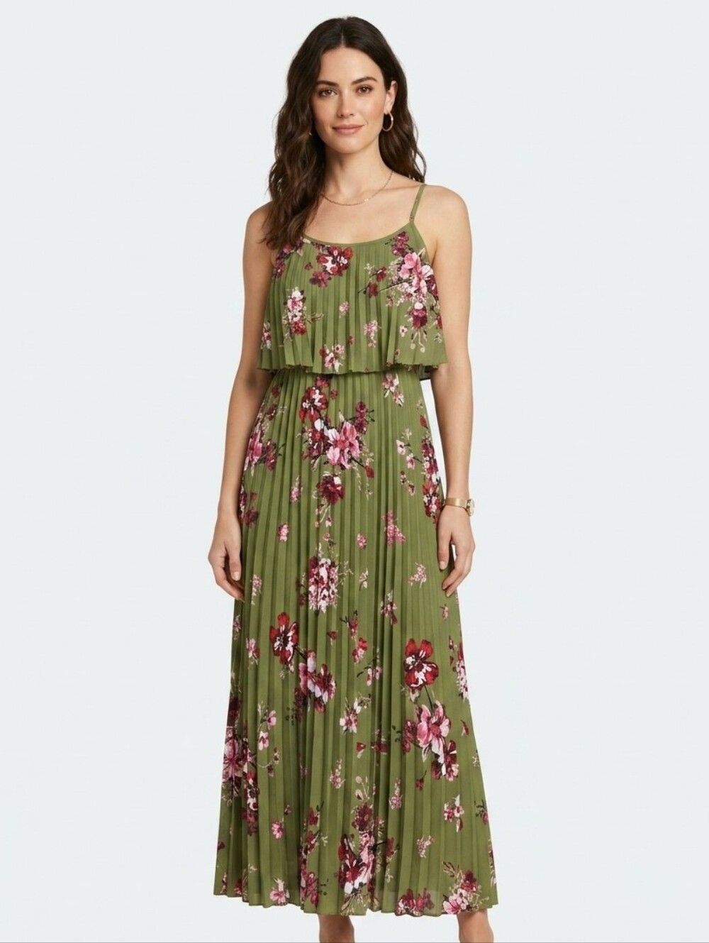 Sassafras Green Floral Pleated Off Shoulder Ruffle Maxi Dress Size S Wedding Gue